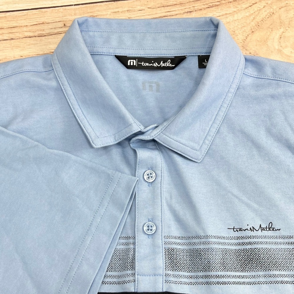 Travis Mathew Men Sz‎ L Blue Colorblock Pima Cotton Blend Polo Shirt Golf Casual